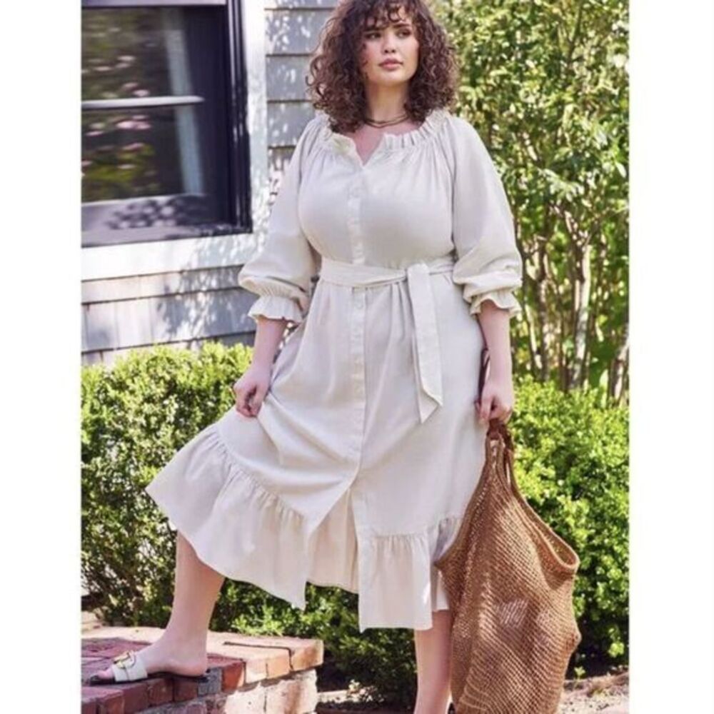 NEW Eloquii Cream Linen Maxi Day Dress, size 14/16